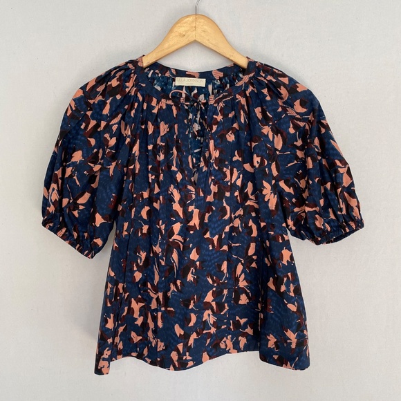 ULLA JOHNSON Size 2 Loli Pleated Printed Cotton Short Sleeve Blouse in Mirage - Picture 7 of 7